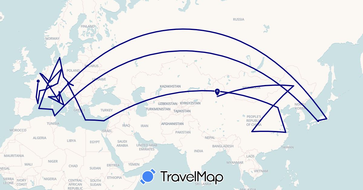 TravelMap itinerary: driving in Austria, Belgium, Switzerland, China, Cyprus, Czech Republic, Germany, Denmark, Spain, France, Greece, Hungary, Italy, Japan, Slovakia, Tunisia (Africa, Asia, Europe)